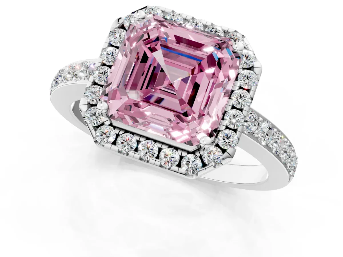 Fancy Pink Asscher Cut Halo Diamond Pavé Band Ring with Prong Setting Silver