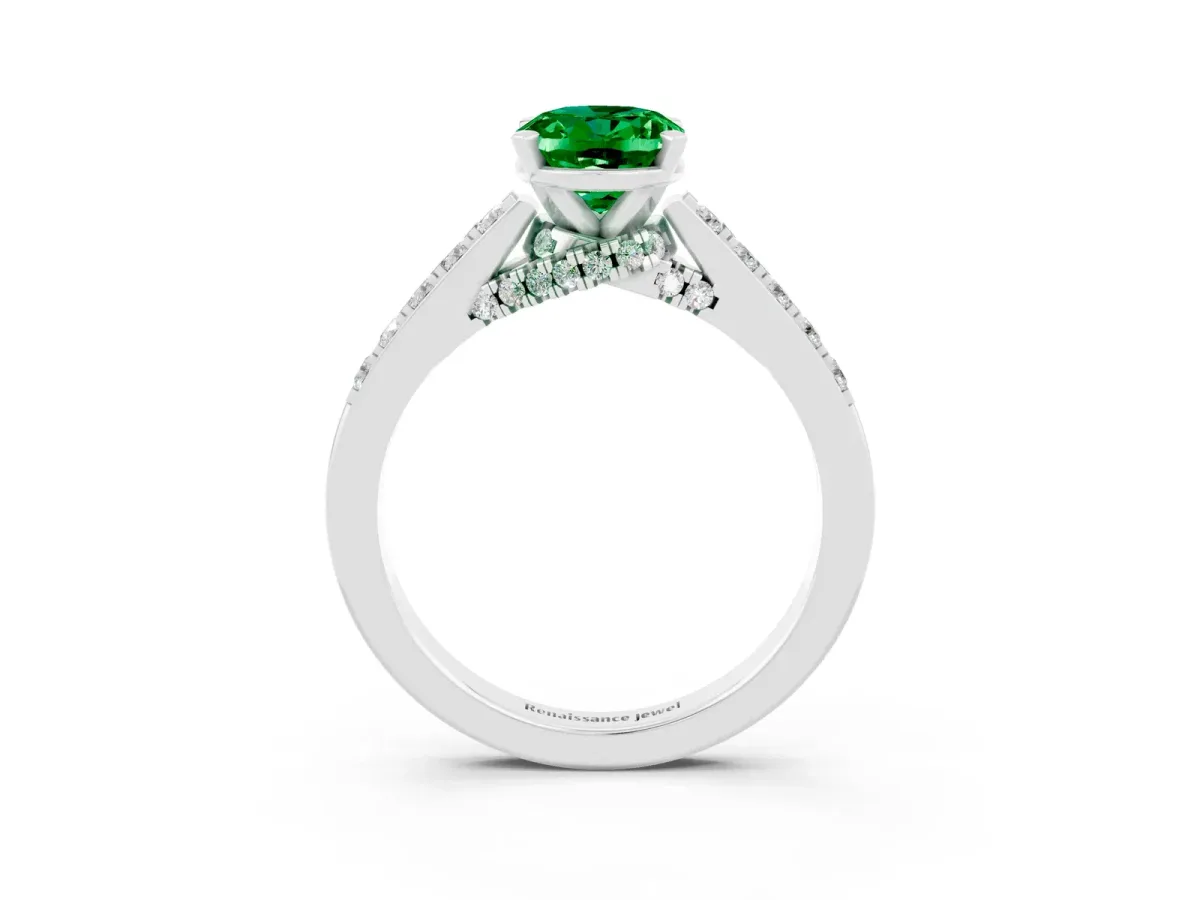 Oval Cut Emerald Solitaire Ring with Crossover Gallery and Round Pavé Band Silver