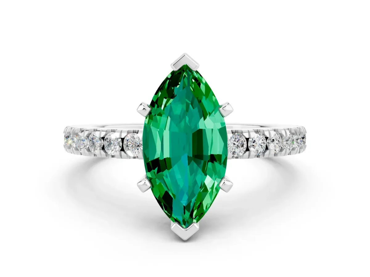Marquise Cut Solitaire Emerald with Pavé Band and Four-Prong Setting Silver