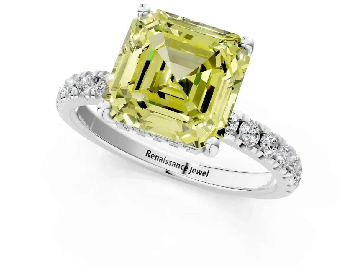 Fancy Yellow Asscher Cut Diamond Pave Band Solitaire Ring with Round and Prong Setting Platinum