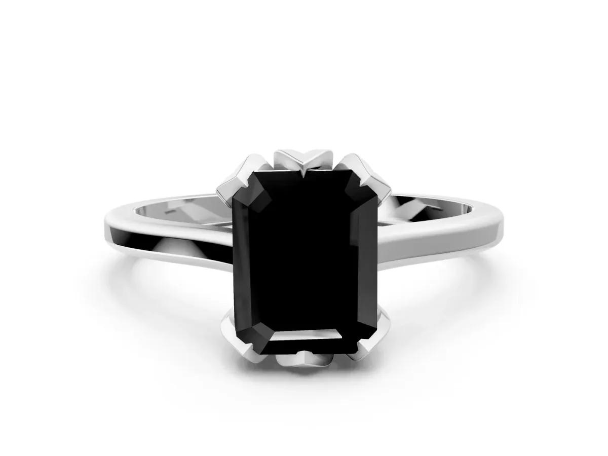 Fancy Black Emerald Cut Diamond Solitaire Ring with Flower Prong Setting and Classic Band White gold