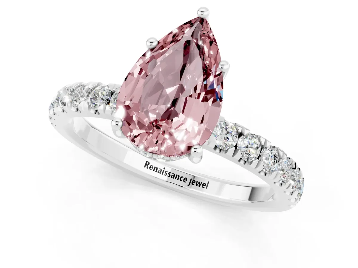 Pear Cut Morganite Pave Band Solitaire Ring with Round and Prong Setting Platinum