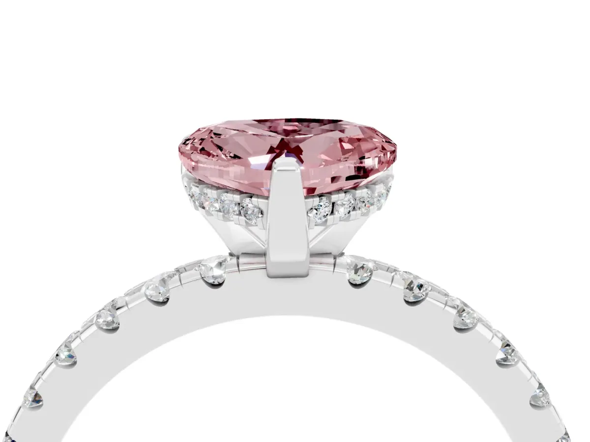 Heart Cut Morganite Solitaire Ring with Round Pavé Band and Four-Prong Setting Silver