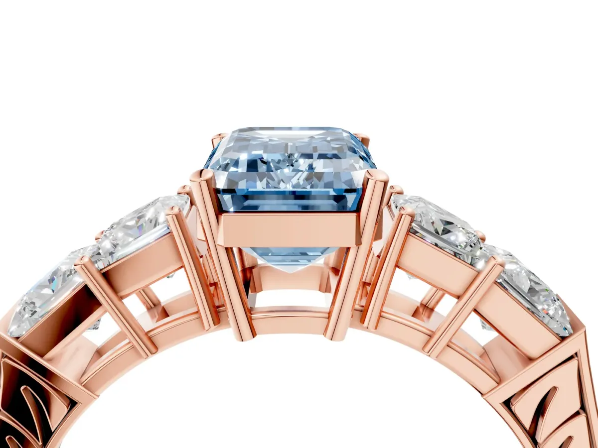 Fancy Blue Emerald Cut Solitaire Princess Side Stone Engraved Band Prong Setting Ring Rose gold