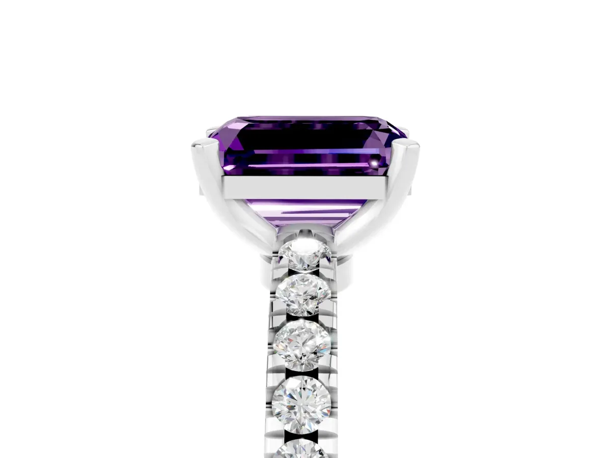 Emerald Cut Solitaire Amethyst with Pavé Band and Four-Prong Setting Silver