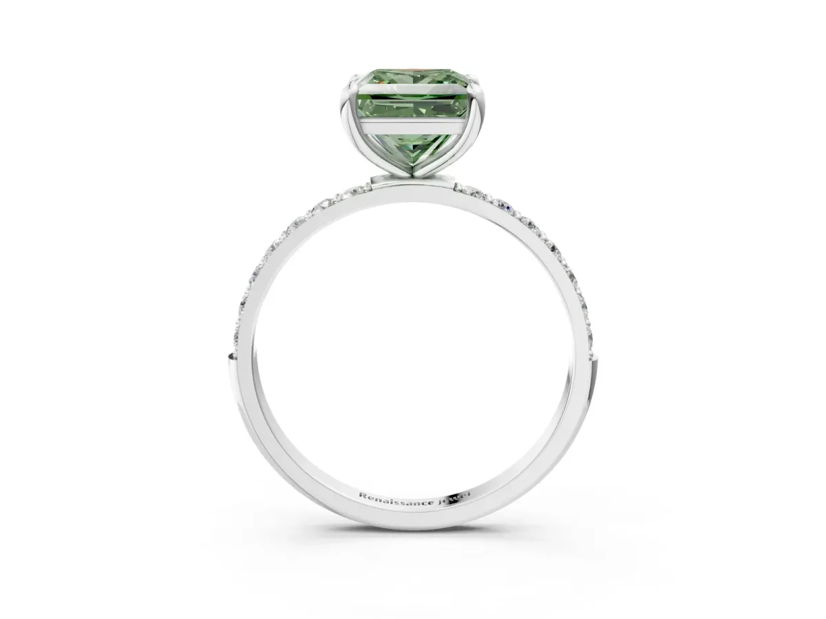 Fancy Green Princess Cut Diamond Solitaire Ring with Round Pavé Band and Prong Setting Silver