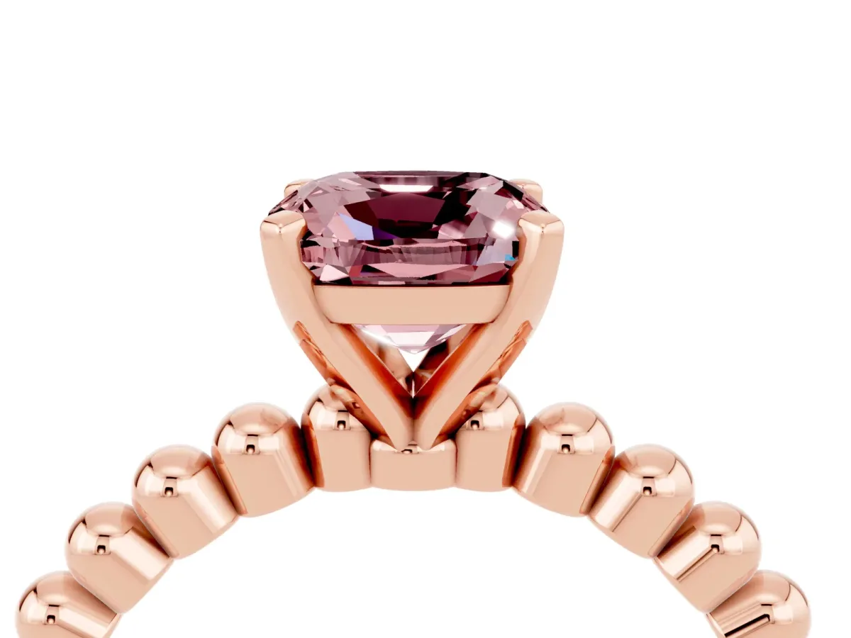 Cushion Cut Morganite Solitaire Ring with Beaded Band and Prong Setting Rose gold