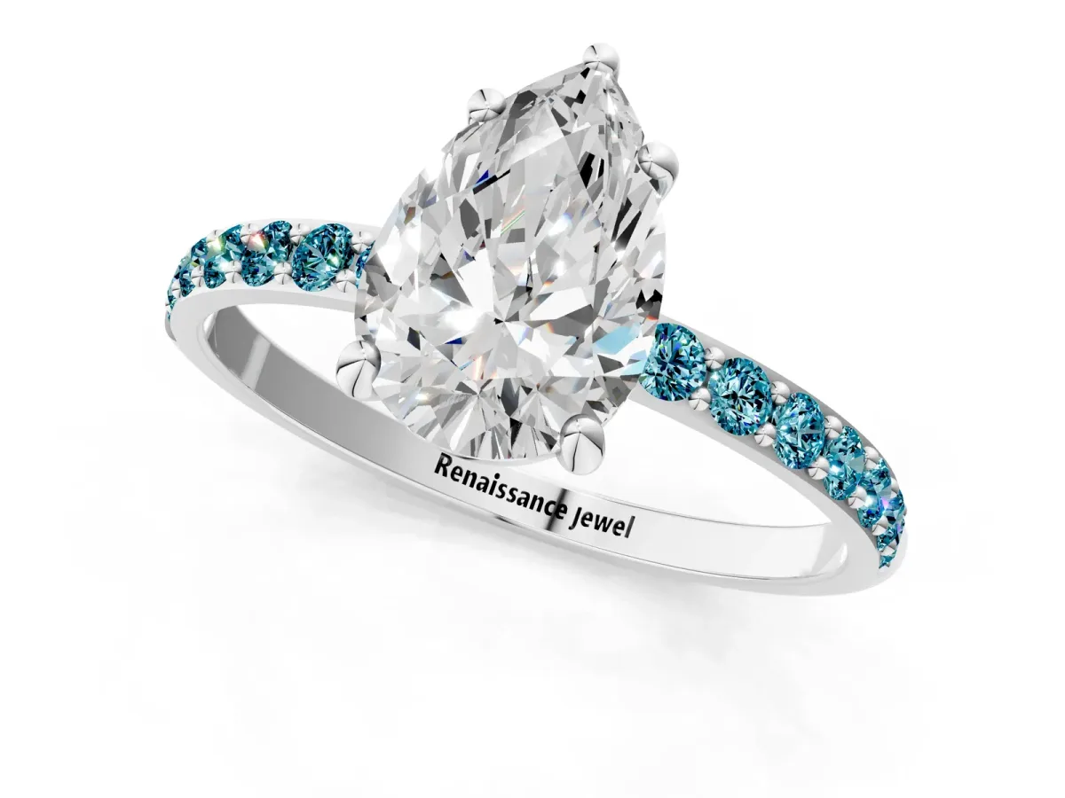Pear Cut Diamond Solitaire Ring with Round Blue Topaz Pavé Band and Prong Setting Silver