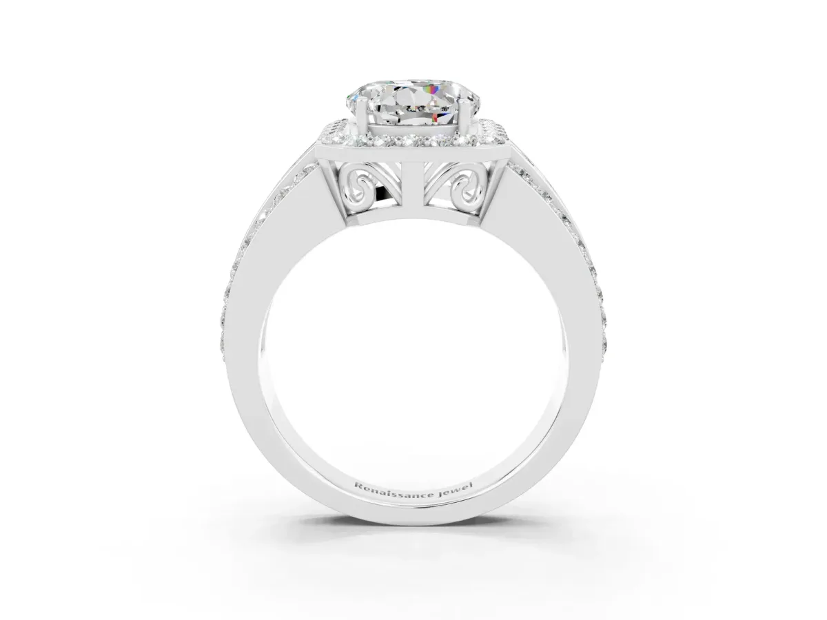 Round Cut Halo Moissanite Ring with Round Split Shank and Prong Setting Platinum
