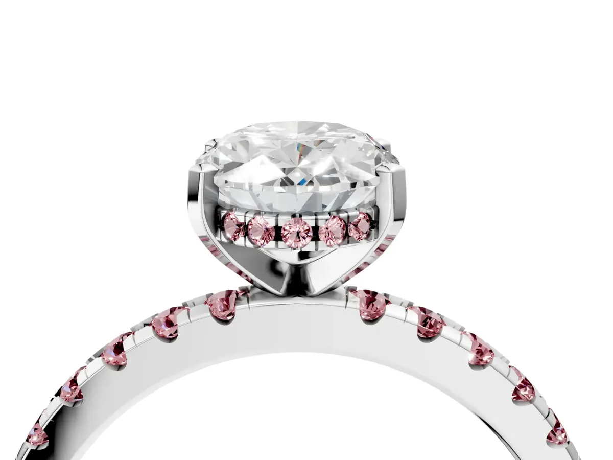 Oval Cut Diamond Solitaire Ring with Round Morganite Pavé Band and Four-Prong Setting Silver