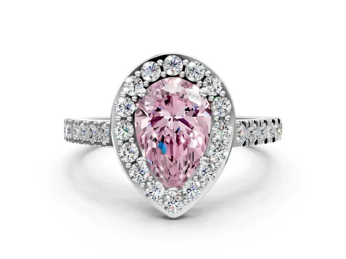 Fancy Pink Pear Cut Diamond Halo Ring with Round Pavé Split Shank and Prong Setting Platinum