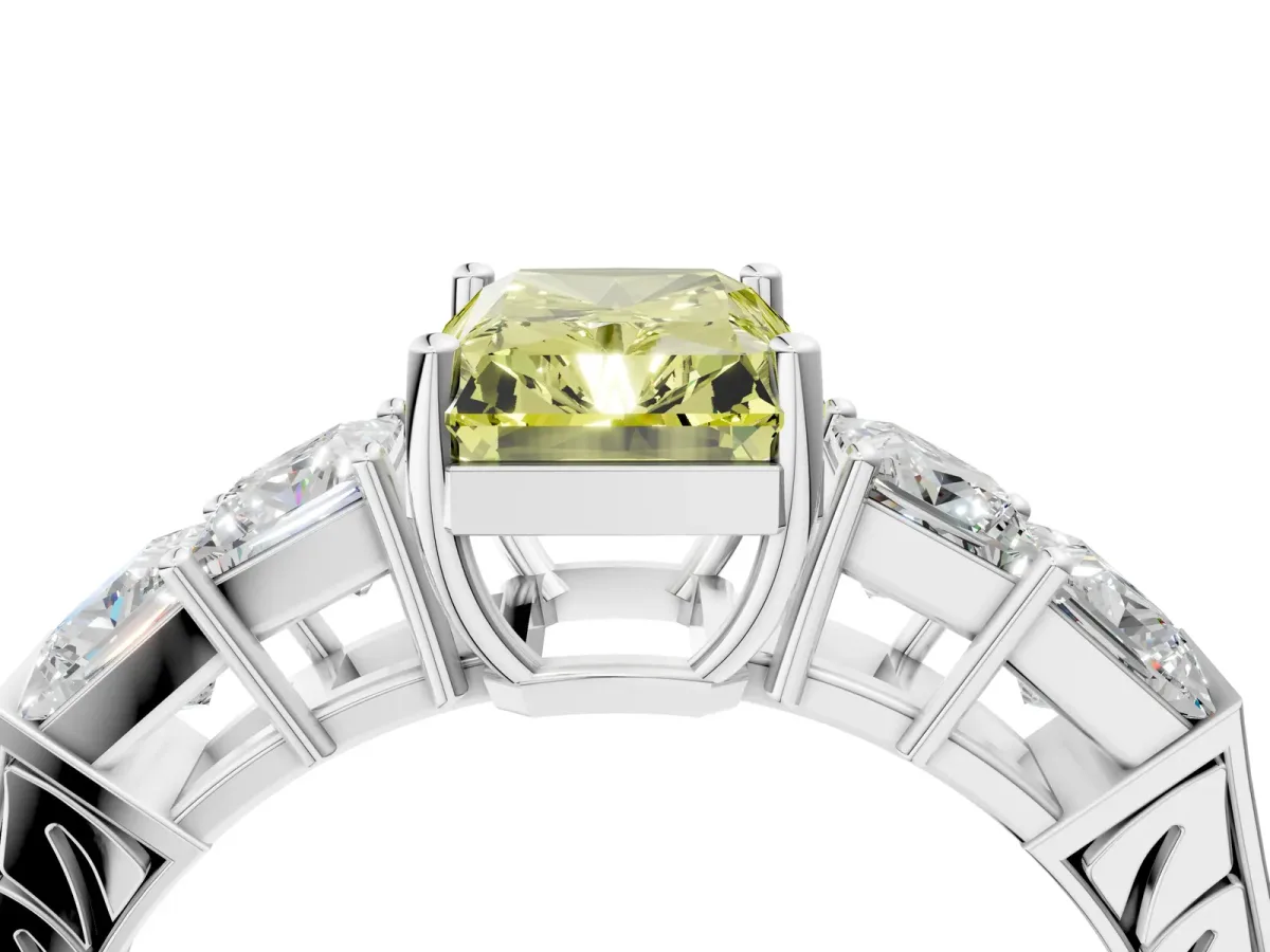 Fancy Yellow Radiant Cut Solitaire Princess Side Stone Engraved Band Prong Setting Ring Platinum