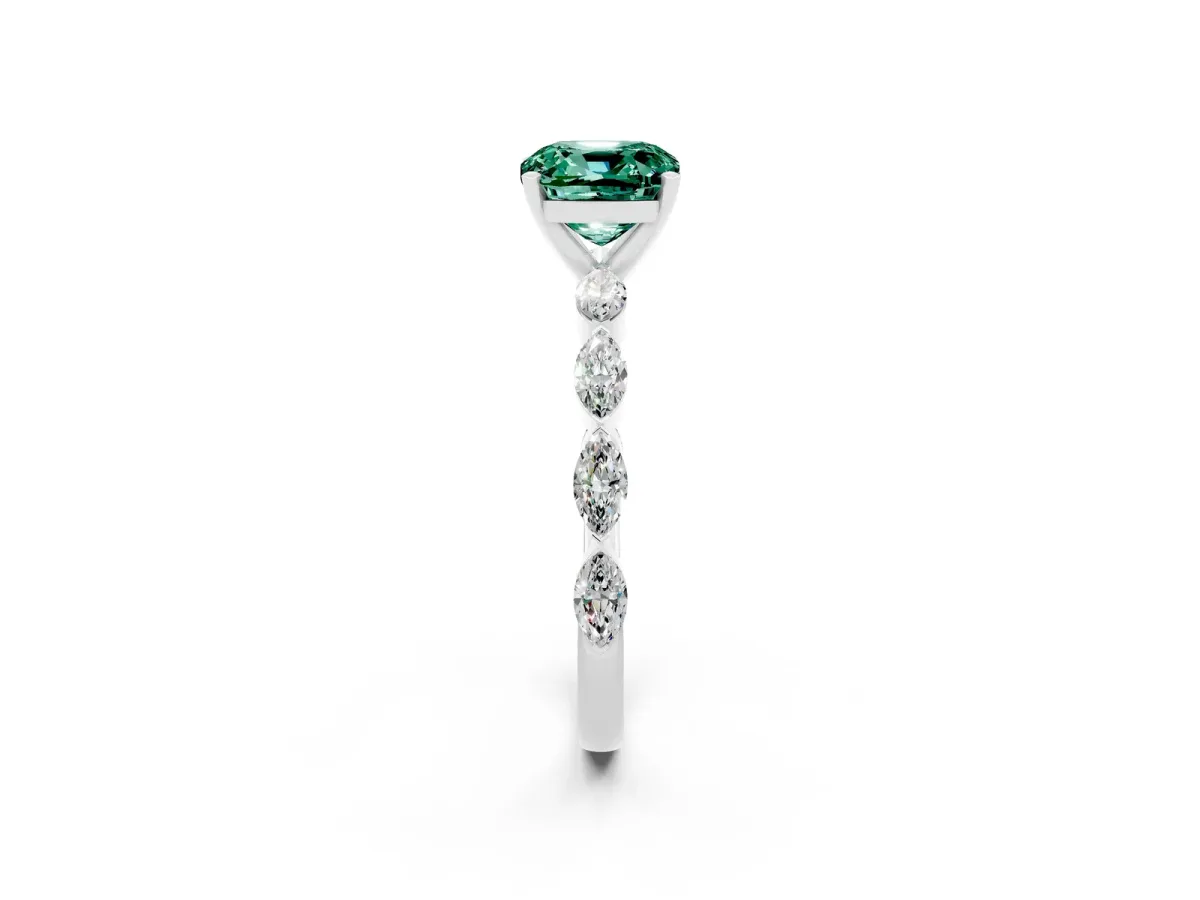 Cushion Cut Green Sapphire Ring with Marquise Side Stones and Prong Setting Platinum