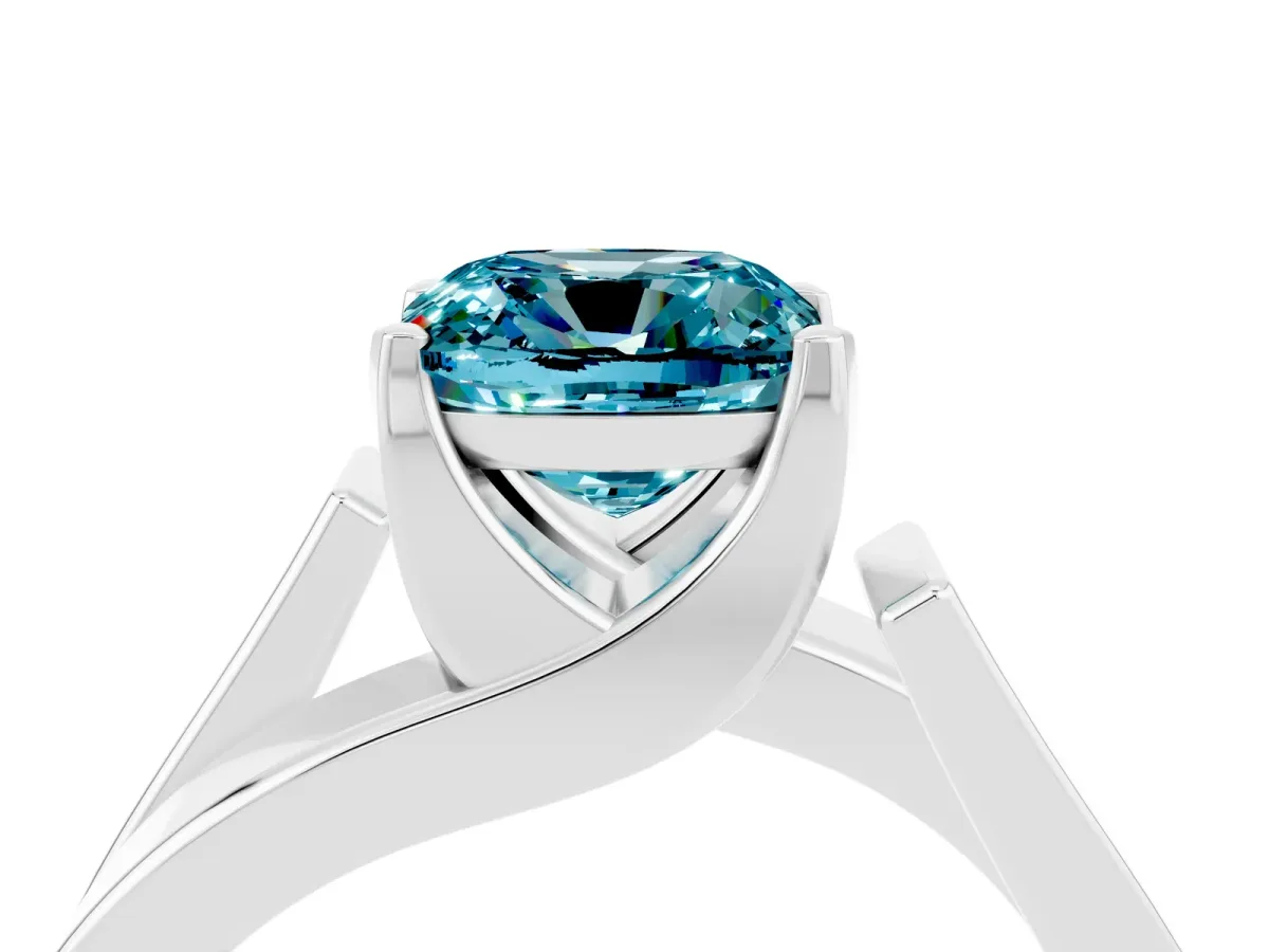 Modern Tension Set Cushion Cut Blue Topaz Solitaire Wide Band Ring Silver