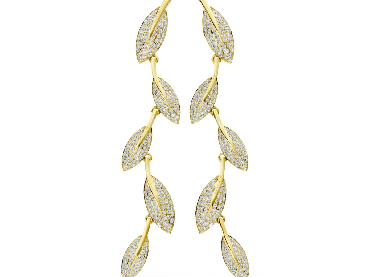 Round Diamond Pavé Olive Branch Drop Earrings Yellow gold