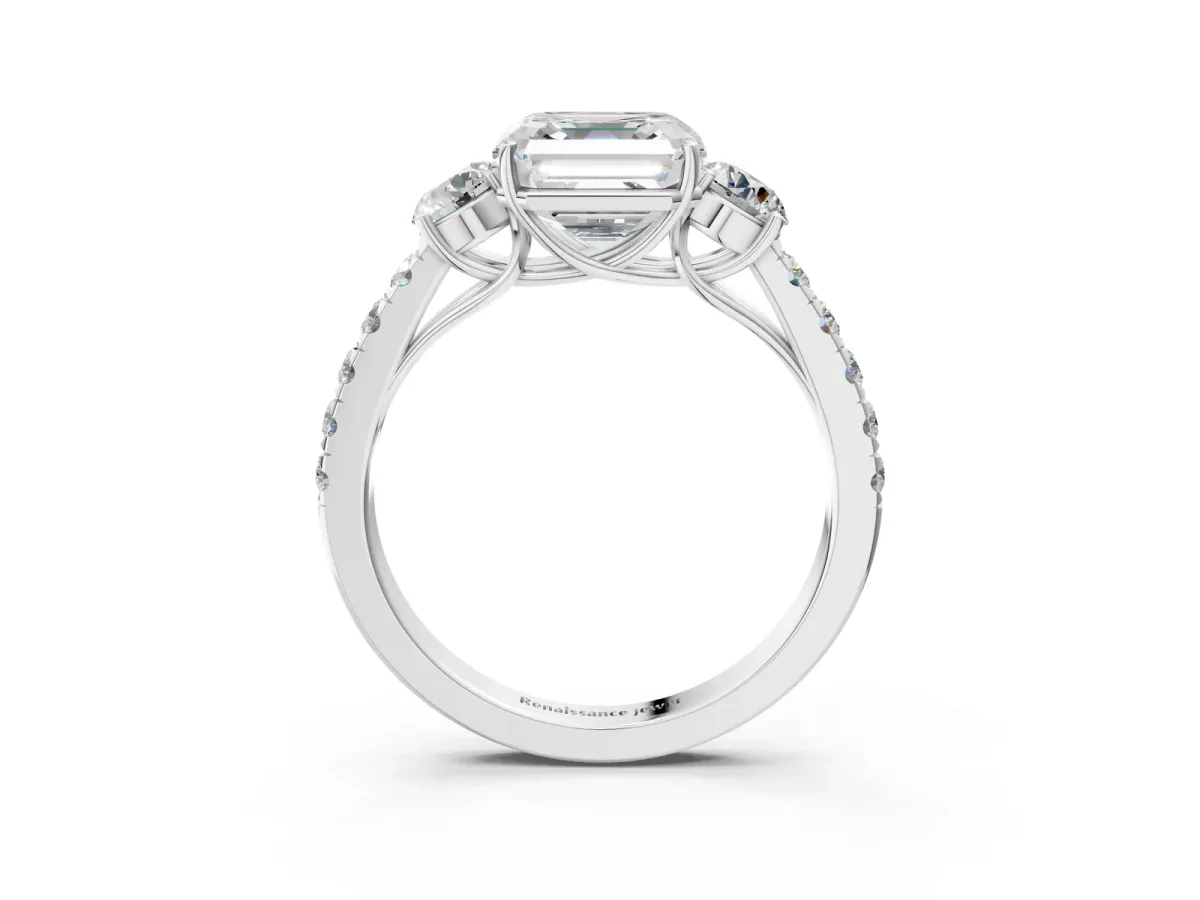 Asscher Cut Cut Diamond Three-Stone Ring with Round Side Stones and Pavé Band Platinum