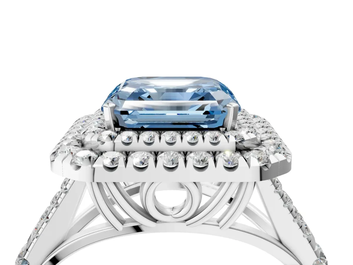 Fancy Blue Asscher Cut Cut Double Halo Split Shank Diamond Ring with Prong Setting Platinum