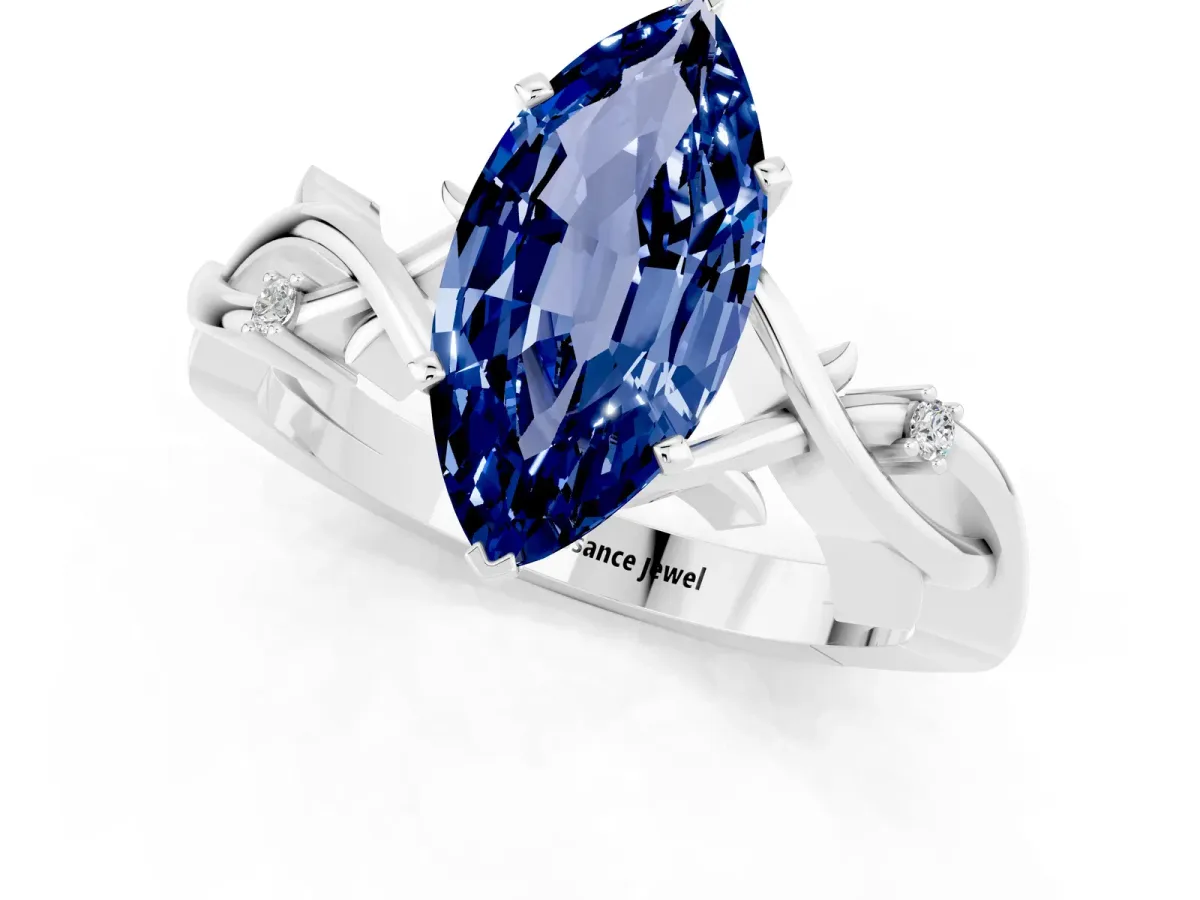 Marquise Cut Blue Sapphire Solitaire Ring with Twisted Band and Prong Setting Silver