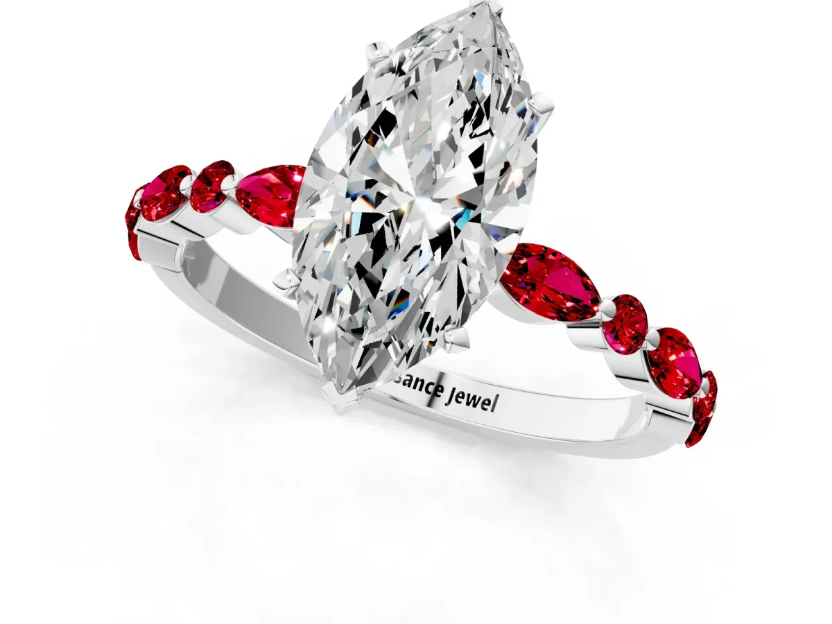 Marquise Cut Diamond Ring with Marquise and Round Ruby Side Stones and Four-Prong Setting Platinum