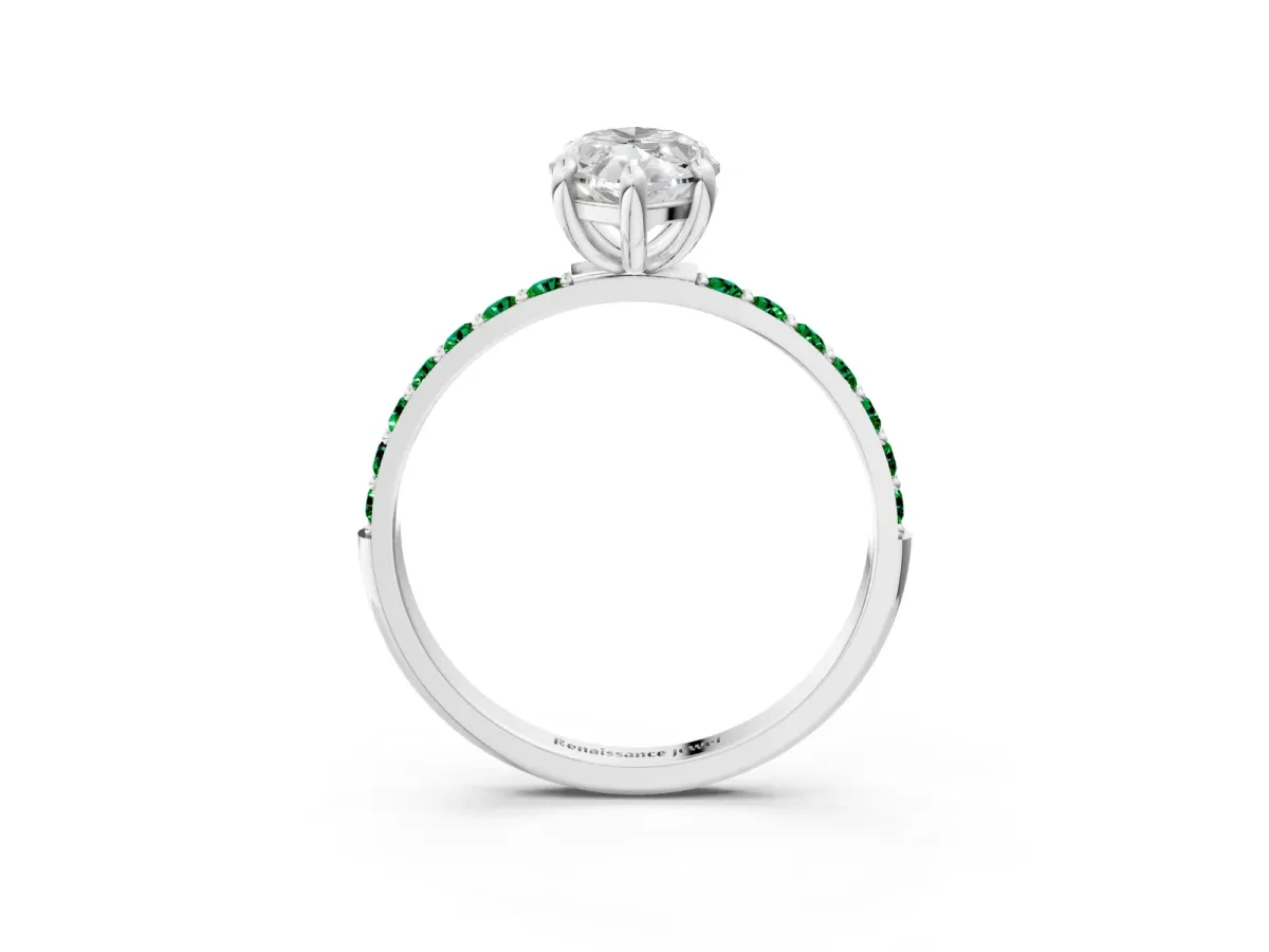 Marquise Cut Diamond Solitaire Ring with Round Emerald Pavé Band and Prong Setting Silver