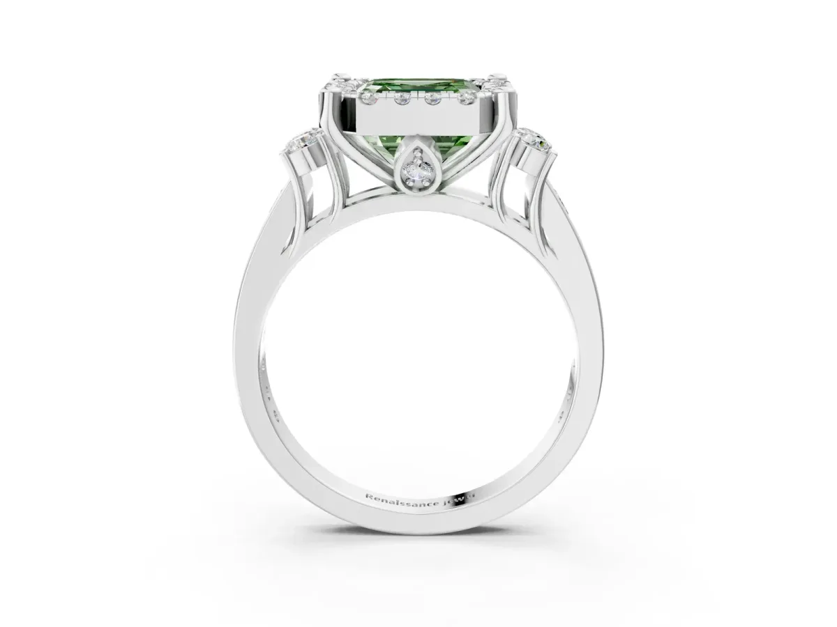 Fancy Green Asscher Cut Halo Diamond Engagement Ring with Split Shank and Four-Prong Setting Platinum