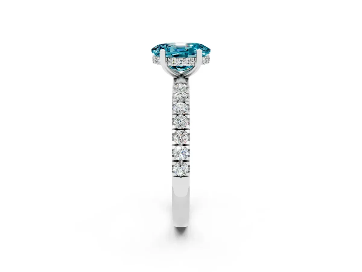 Oval Cut Blue Topaz Pave Band Solitaire Ring with Round and Prong Setting Platinum