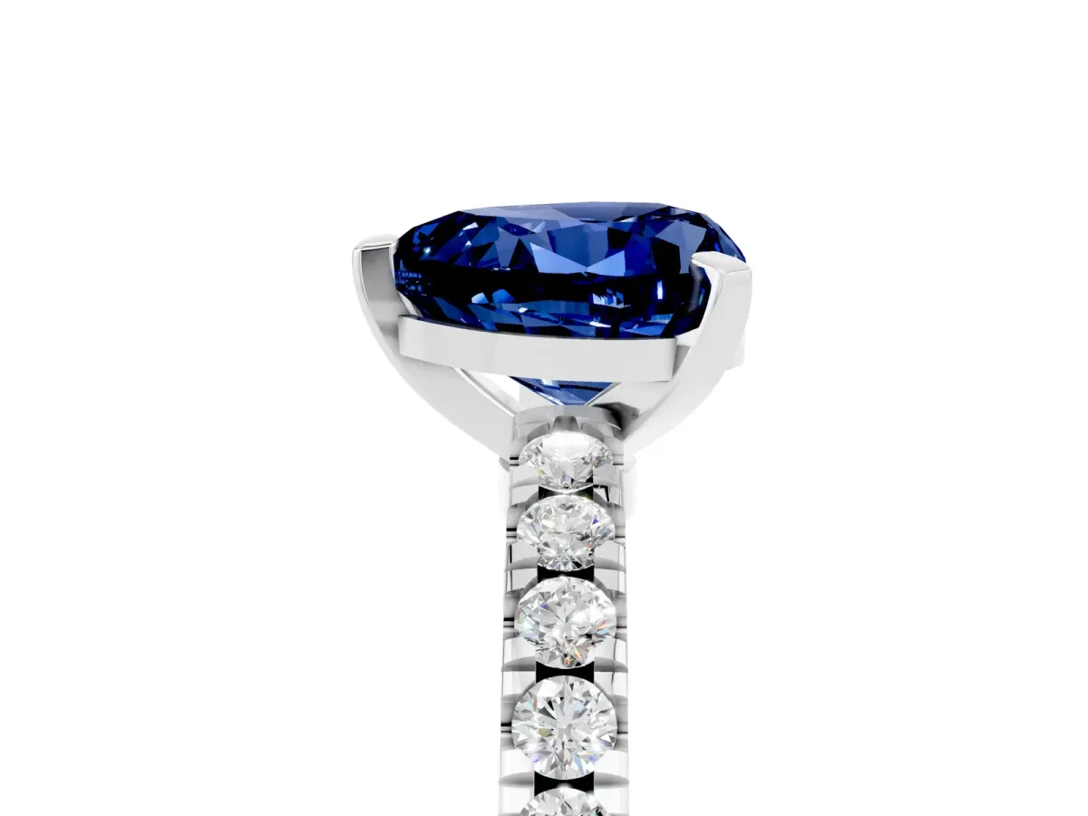 Heart Cut Solitaire Blue Sapphire with Pavé Band and Four-Prong Setting Silver