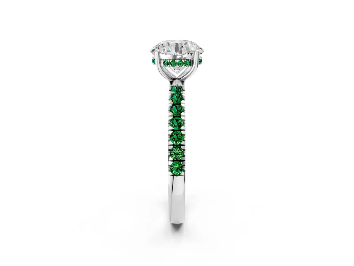 Round Cut Diamond Pave Band Solitaire Ring with Round Emerald and Prong Setting White gold