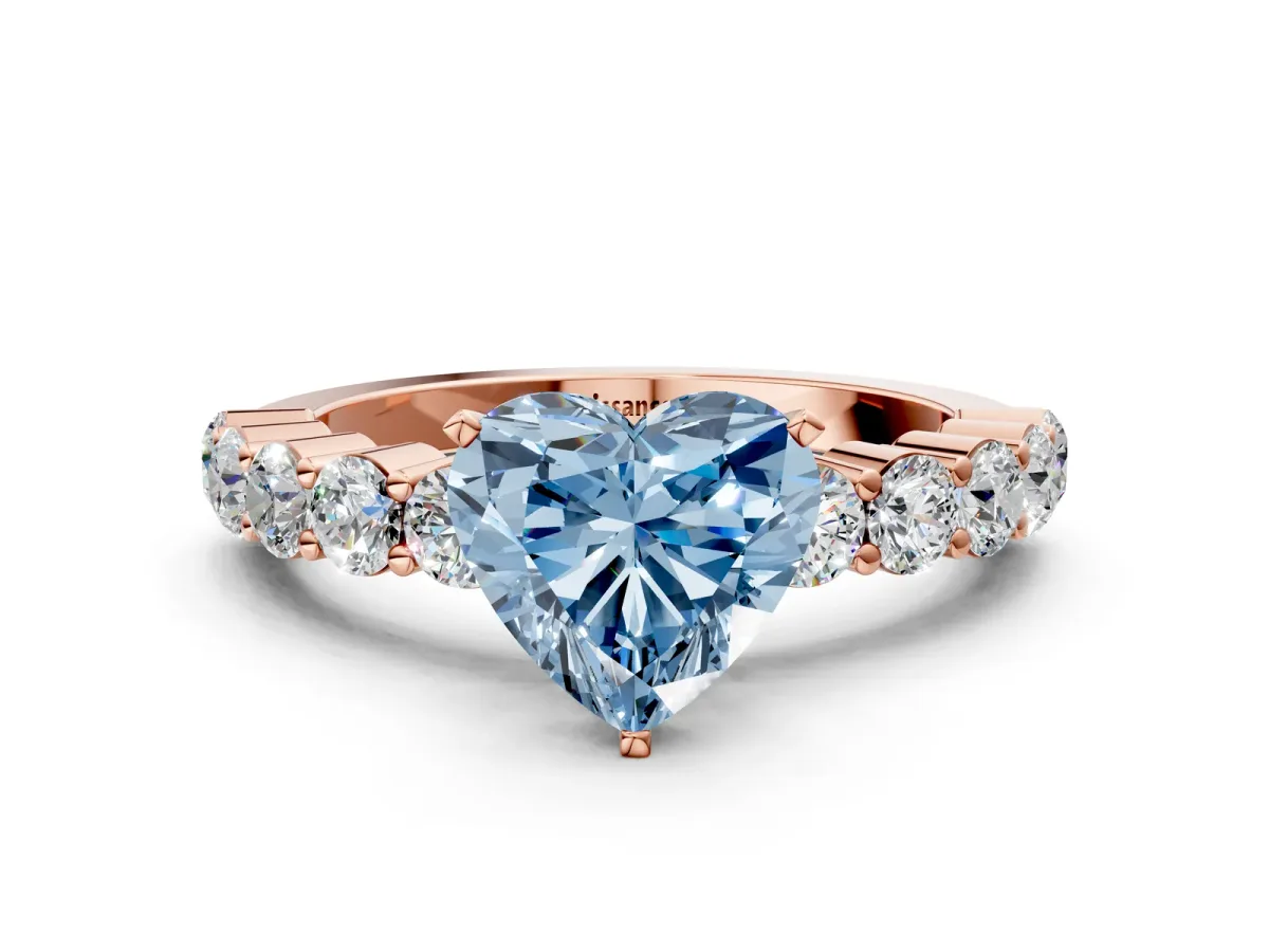 Fancy Blue Heart Cut Diamond Solitaire Ring with Shared Prong Round Side Stones Rose gold