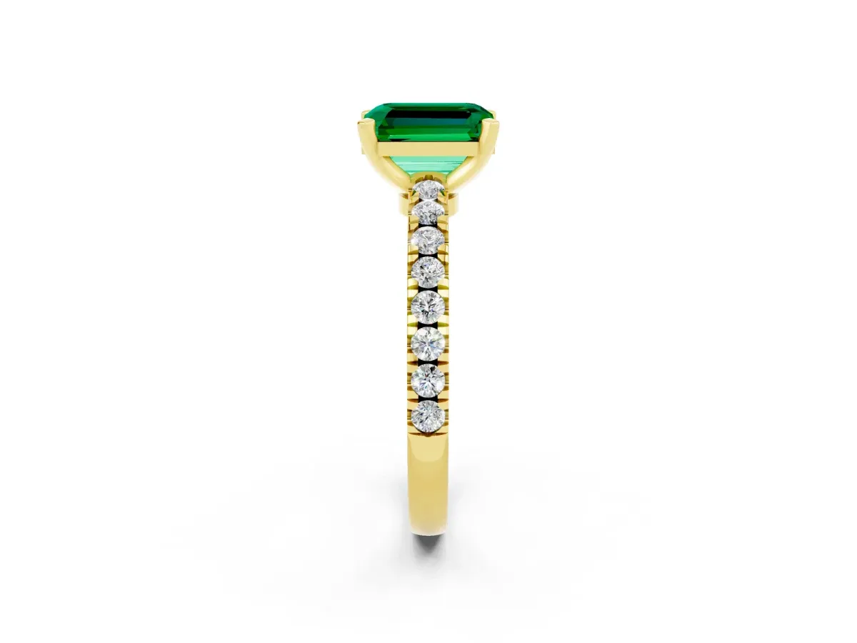 Emerald Cut Solitaire Emerald with Pavé Band and Four-Prong Setting Yellow gold