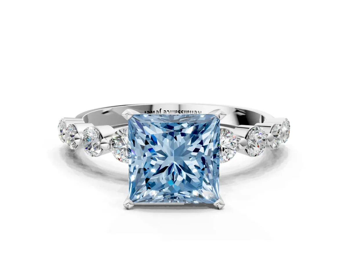 Fancy Blue Princess Cut Solitaire Diamond Ring with Pave Band and Four-Prong Setting Silver