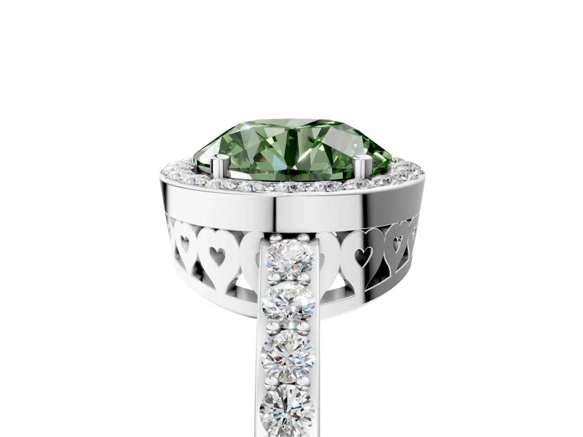 Fancy Green Round Cut Halo Diamond Pavé Band Ring with Prong Setting Platinum