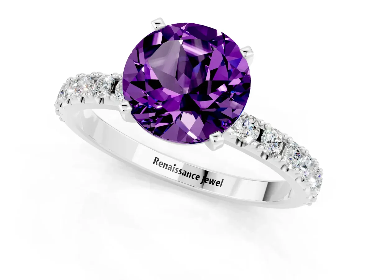 Round Cut Amethyst Solitaire Pavé Band with Four-Prong Setting White gold