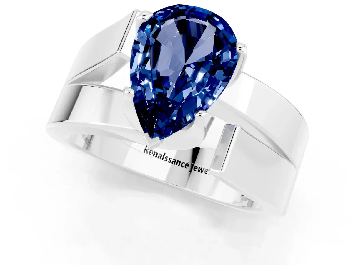 Modern Tension Set Pear Cut Blue Sapphire Solitaire Wide Band Ring Silver
