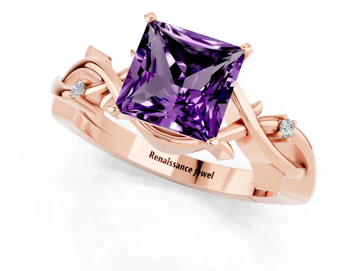 Princess Cut Amethyst Solitaire Ring with Twisted Band and Prong Setting Rose gold