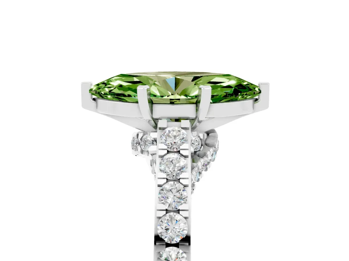 Marquise Cut Peridot Solitaire Ring with Crossover Gallery and Round Pavé Band Silver