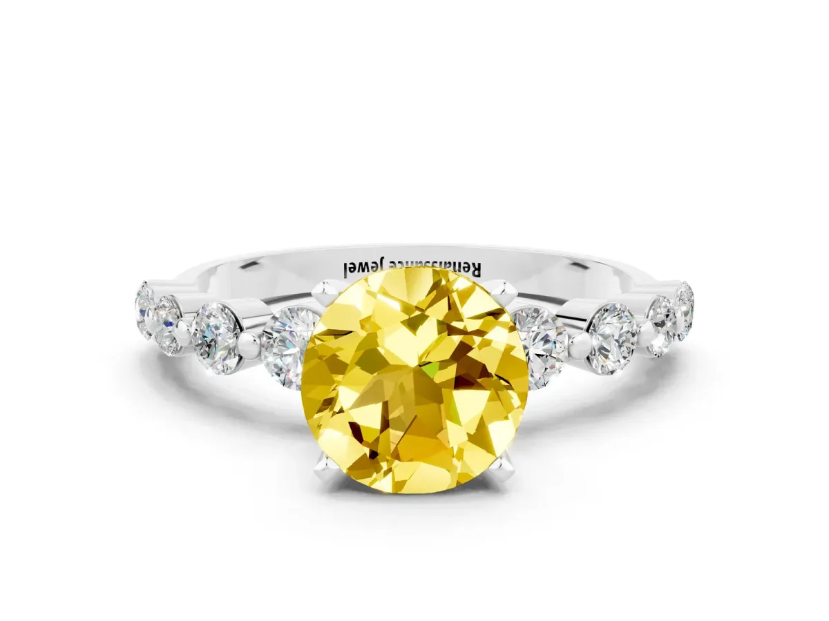 Round Cut Solitaire Yellow Sapphire Ring with Pave Band and Four-Prong Setting Silver