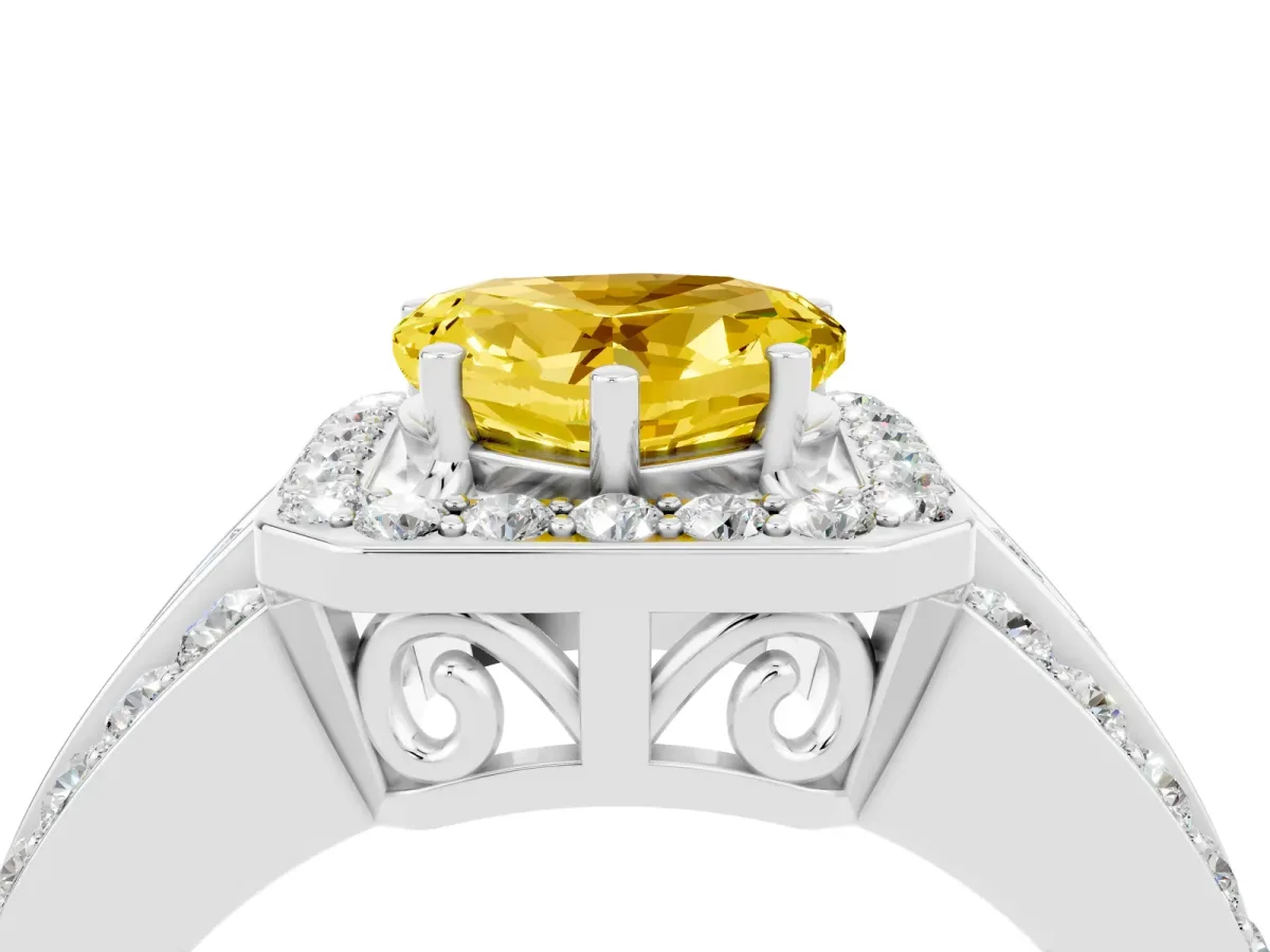 Heart Cut Halo Yellow Sapphire Ring with Round Split Shank and Prong Setting Platinum