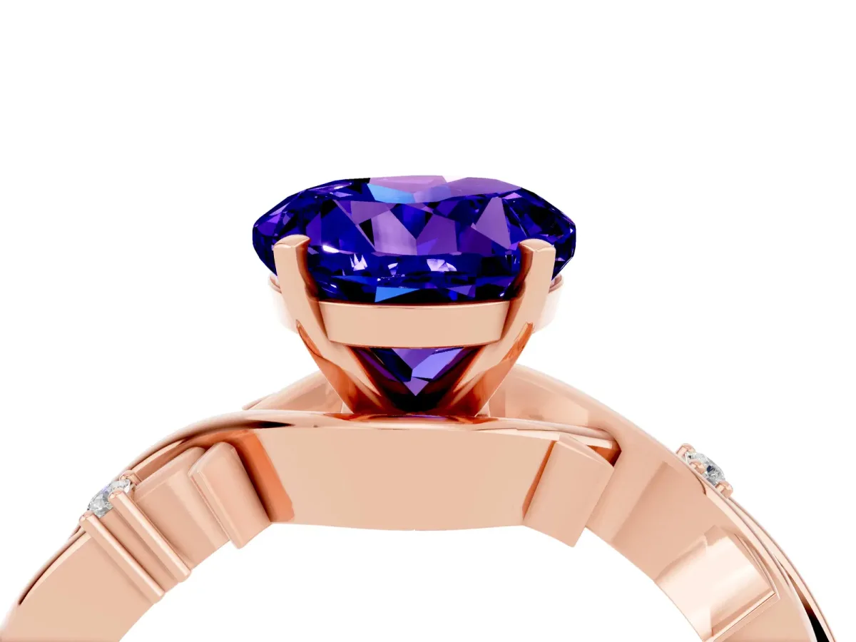 Round Cut Tanzanite Solitaire Ring with Twisted Band and Prong Setting Rose gold