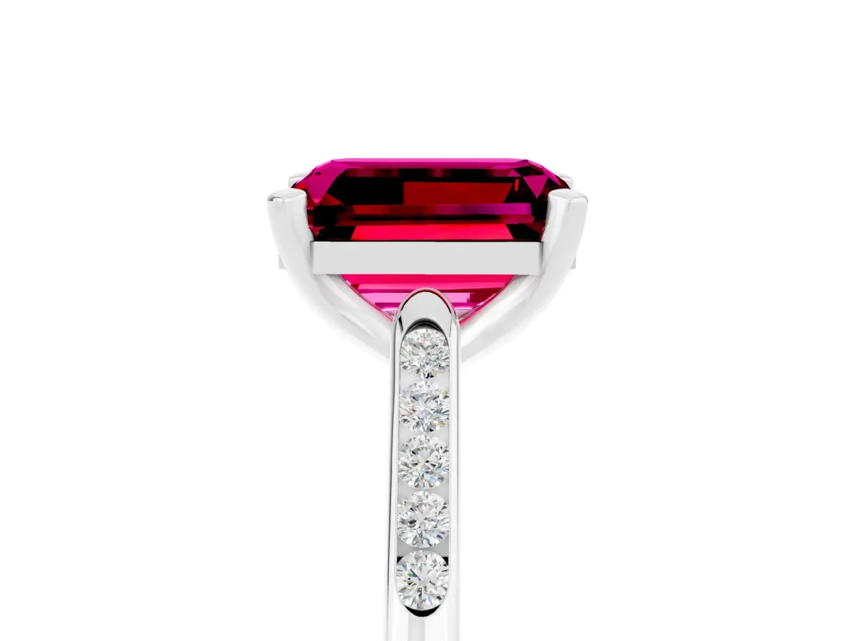 Emerald Cut Garnet Solitaire Ring with Channel Set Round Band and Prong Setting Silver