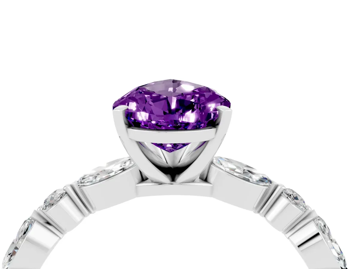 Pear Cut Amethyst Ring with Marquise and Round Side Stones and Four-Prong Setting Silver