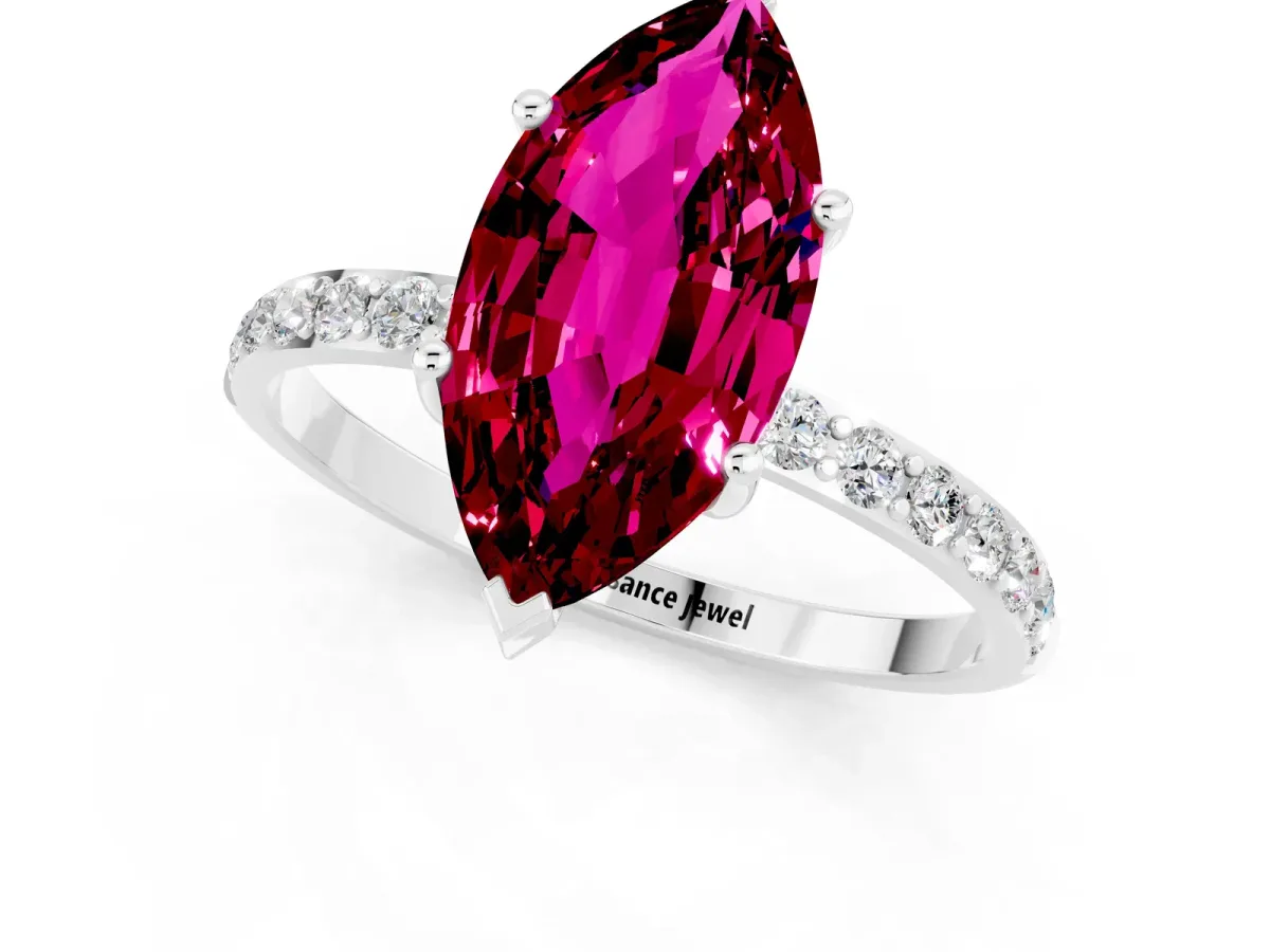 Marquise Cut Garnet Solitaire Ring with Round Pavé Band and Prong Setting Silver