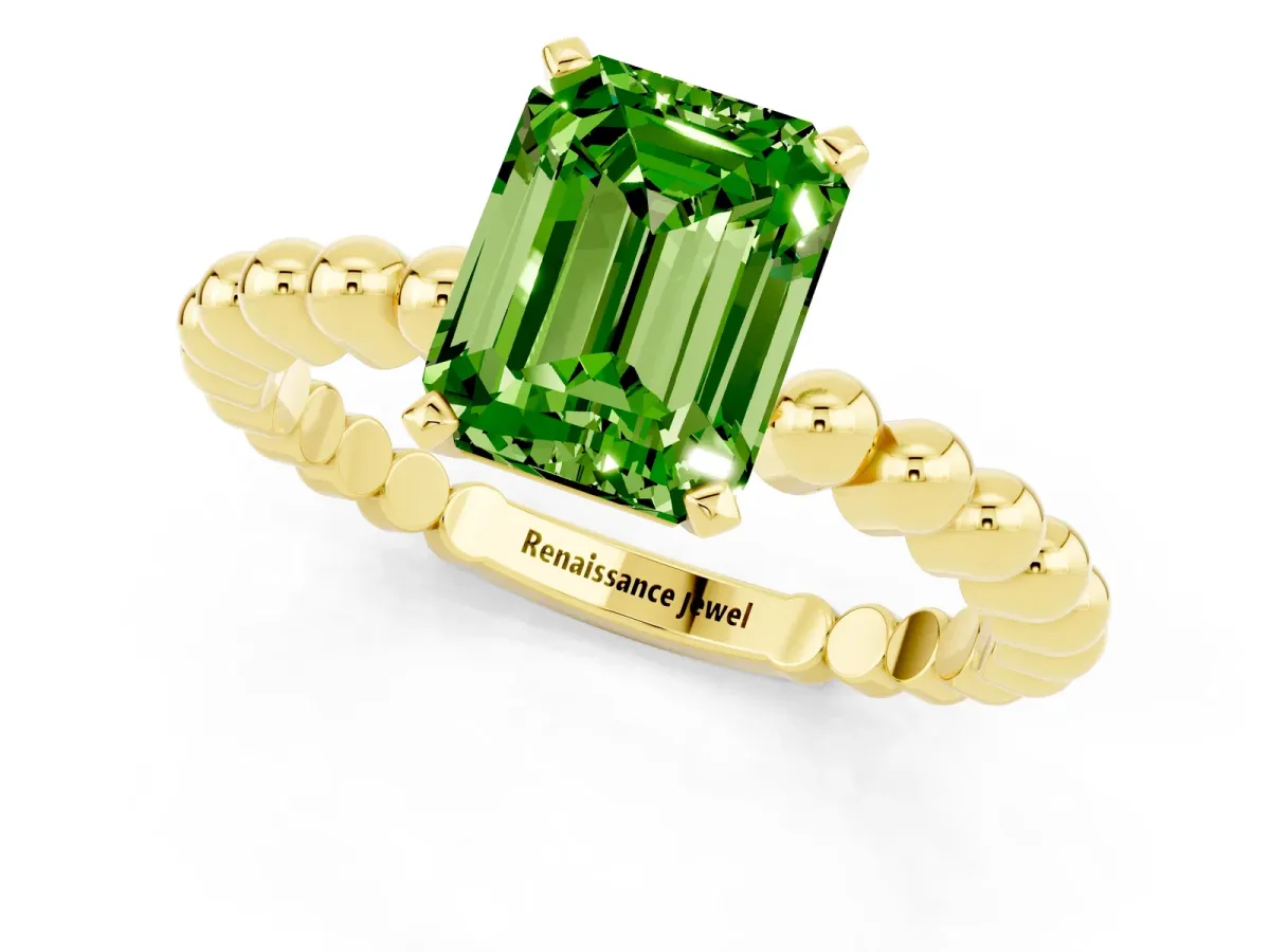 Emerald Cut Peridot Solitaire Ring with Beaded Band and Prong Setting Yellow gold
