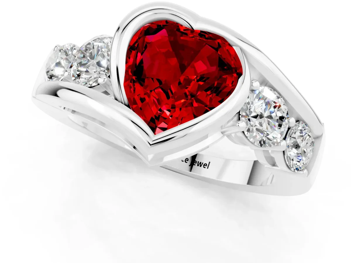 Bezel Set Heart Cut Ruby Bypass Ring with Round Accents Platinum