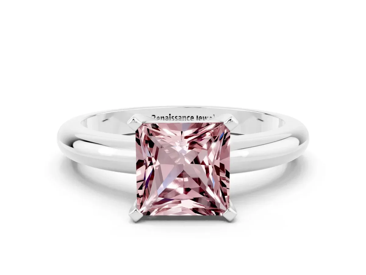 Princess Cut Morganite Solitaire Engagement Ring with Round Band and Four-Prong Setting Silver