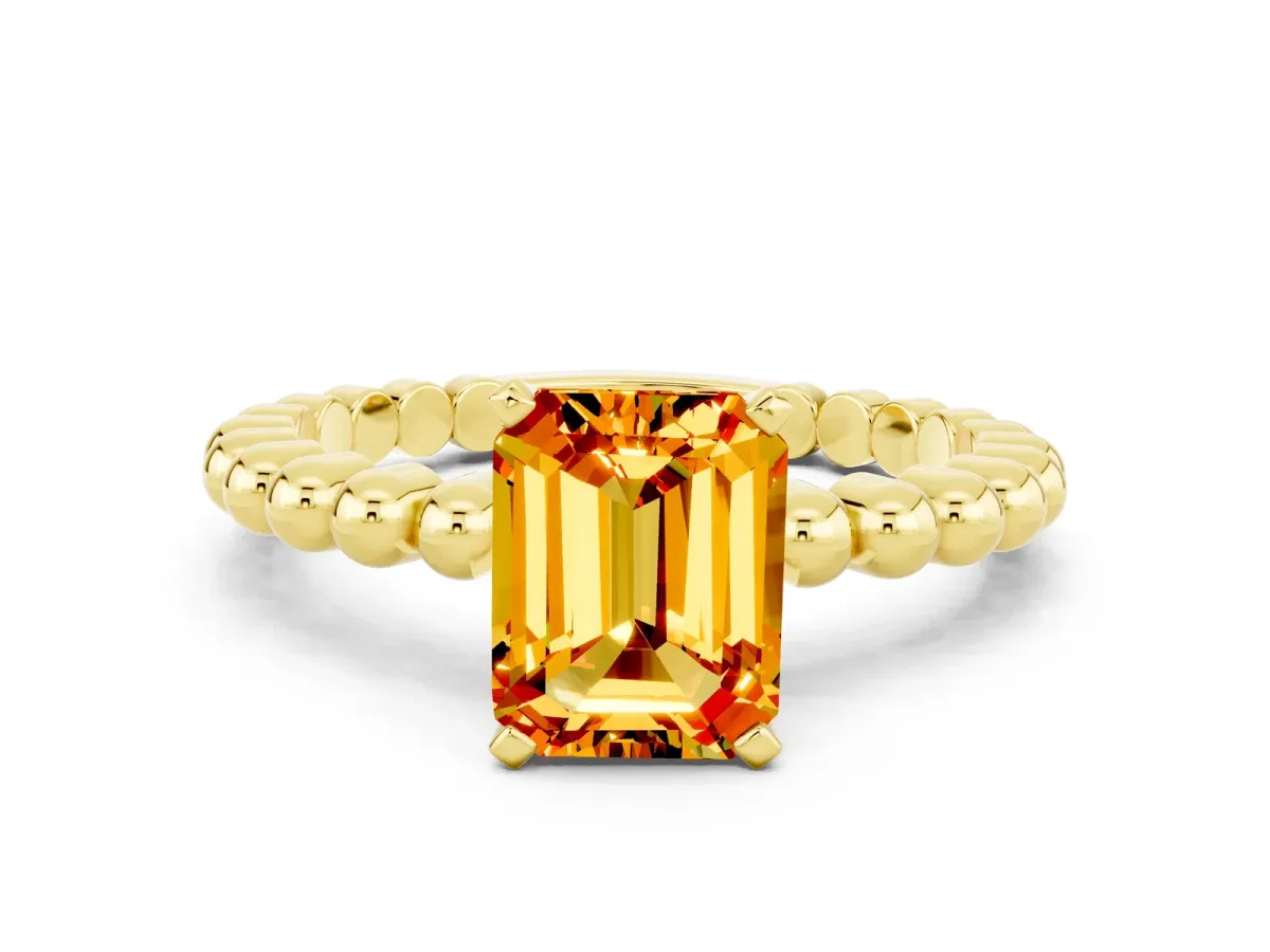 Emerald Cut Citrine Solitaire Ring with Beaded Band and Prong Setting Yellow gold