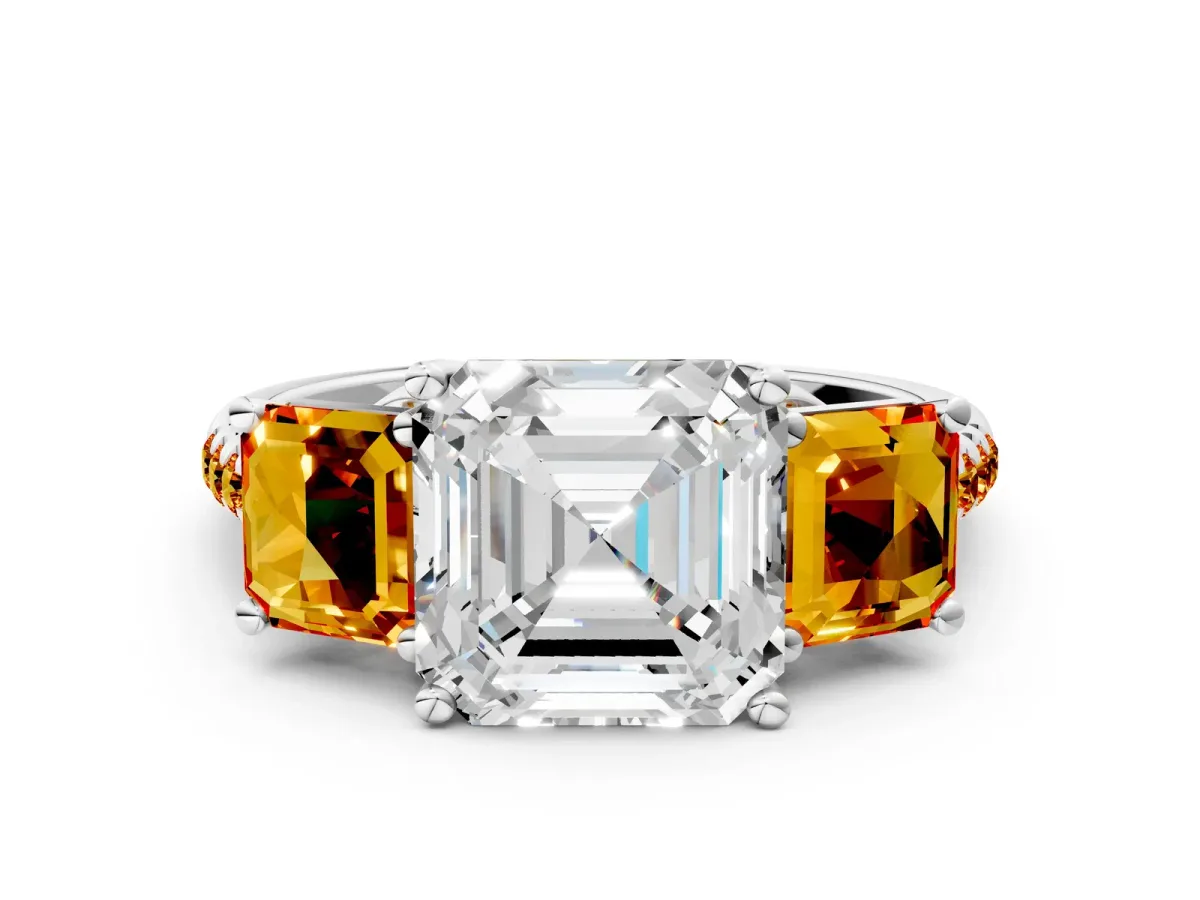 Three-Stone Asscher Cut Diamond Ring with Round Citrine Pavé Band and Prong Setting Silver