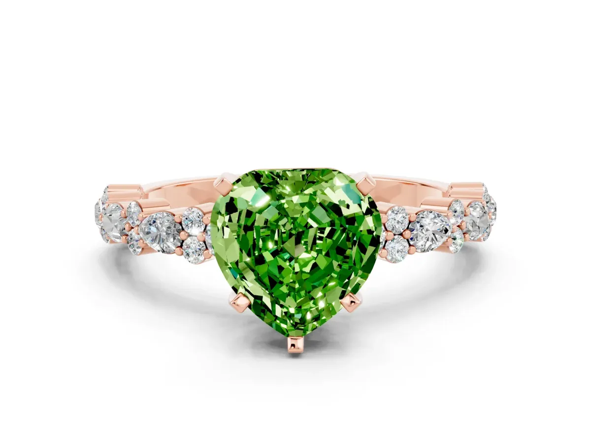 Heart Cut Peridot Side Stone Solitaire Ring with Round and Four-Prong Setting Rose gold