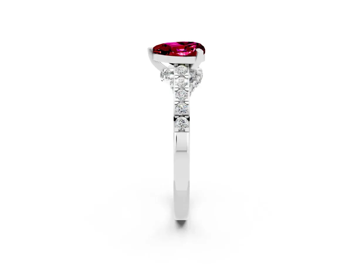 Heart Cut Garnet Solitaire Ring with Crossover Gallery and Round Pavé Band Silver