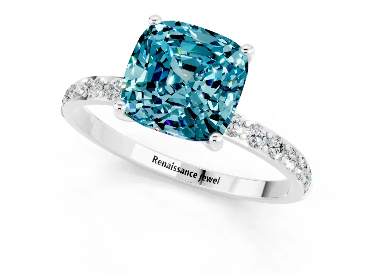 Cushion Cut Blue Topaz Solitaire Ring with Round Pavé Band and Prong Setting Silver